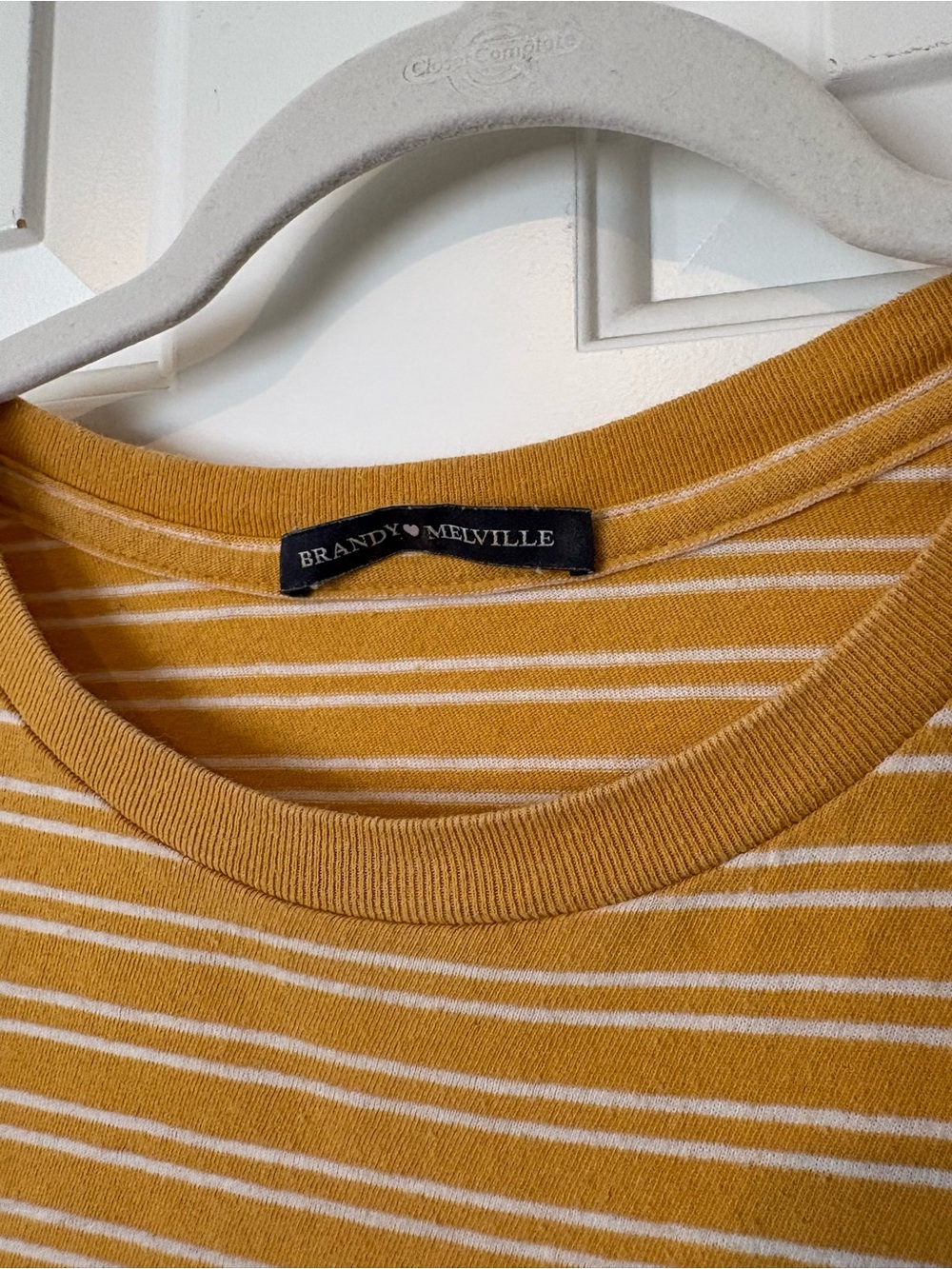 Brandy Melville Mustard Yellow and White Striped Crewneck Tshirt